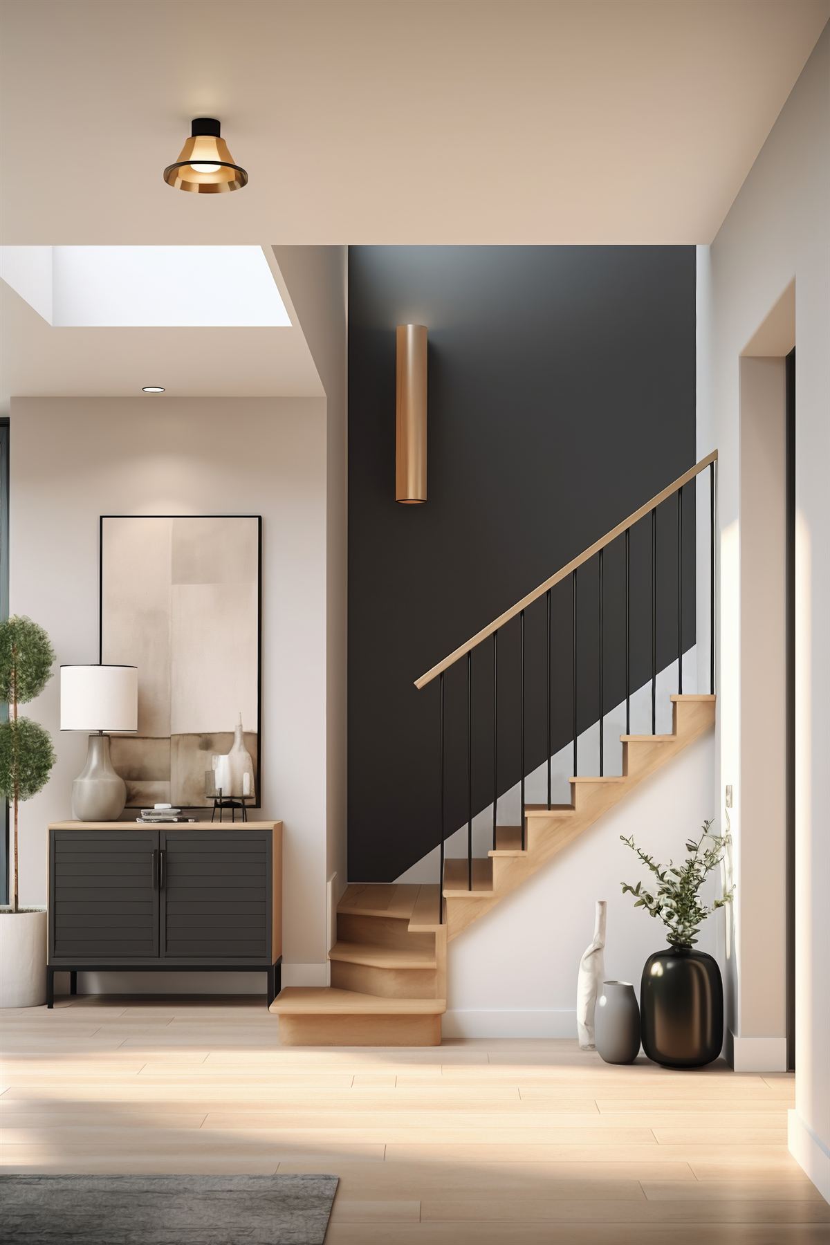 Ingresso ristrutturato con scala in legno e parete nera — MG Impresa Edile Lombardia